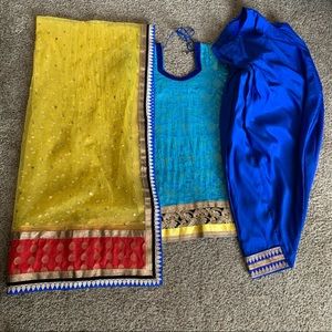 Blue and Yellow Salwar, Kameez and Net Chunni
